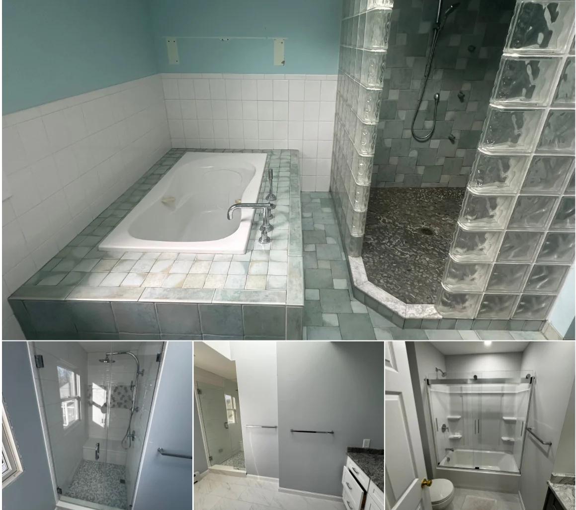 Bathroom remodel with white soaking tub, green tile surround, and walk-in shower with glass block