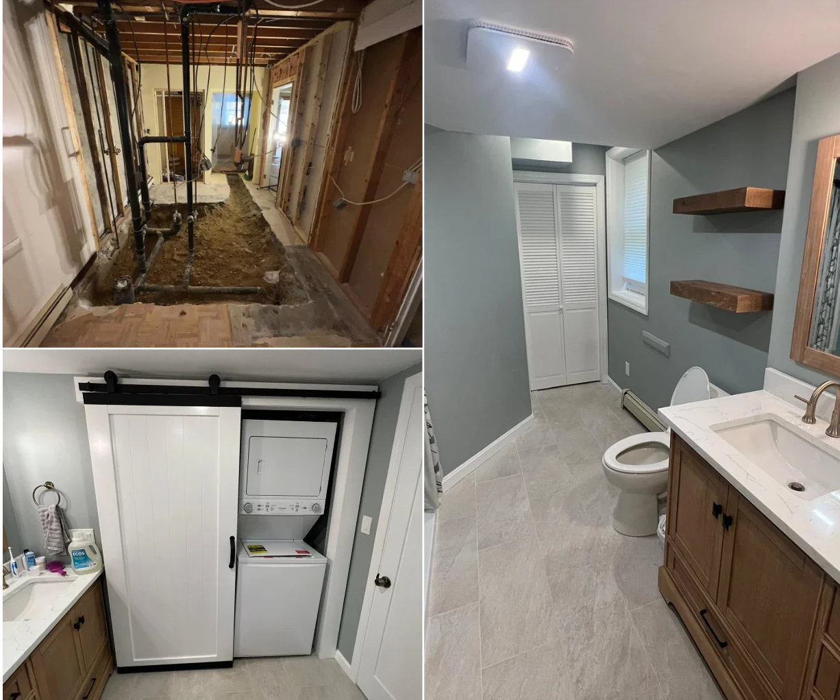 Renovated master bathroom with gray tile floor, wood vanity, white sink, and floating shelves — Basement Remodeling by Innovative Build Solutions.